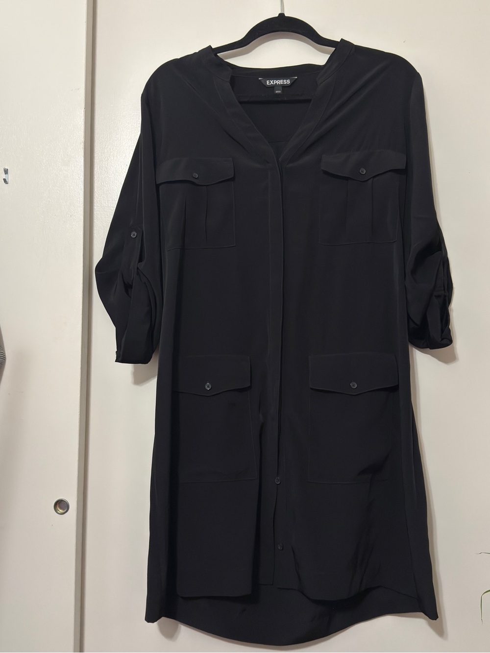 Express Black Button Down Midi Shirt Dress with Utility Pockets